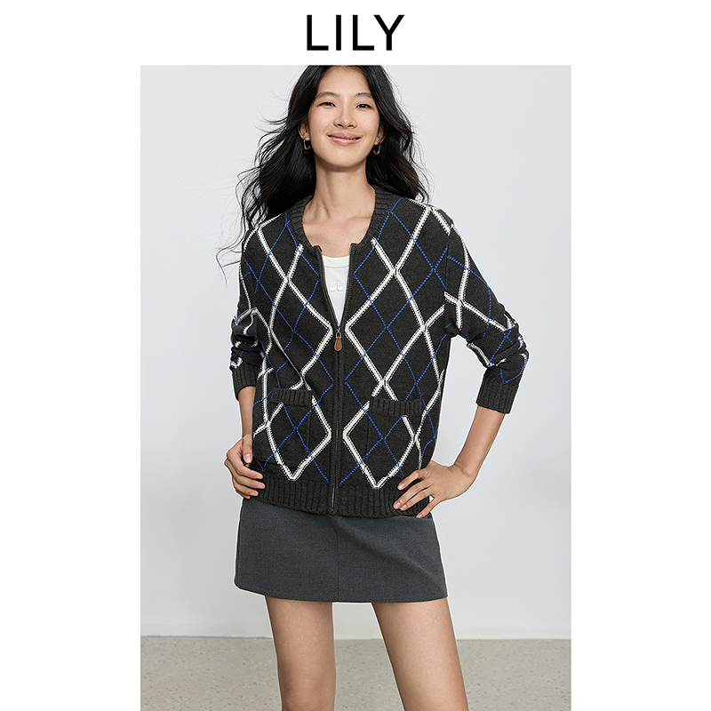 LILY2025秋含羊毛费尔岛格纹针织开衫外套125359TC927