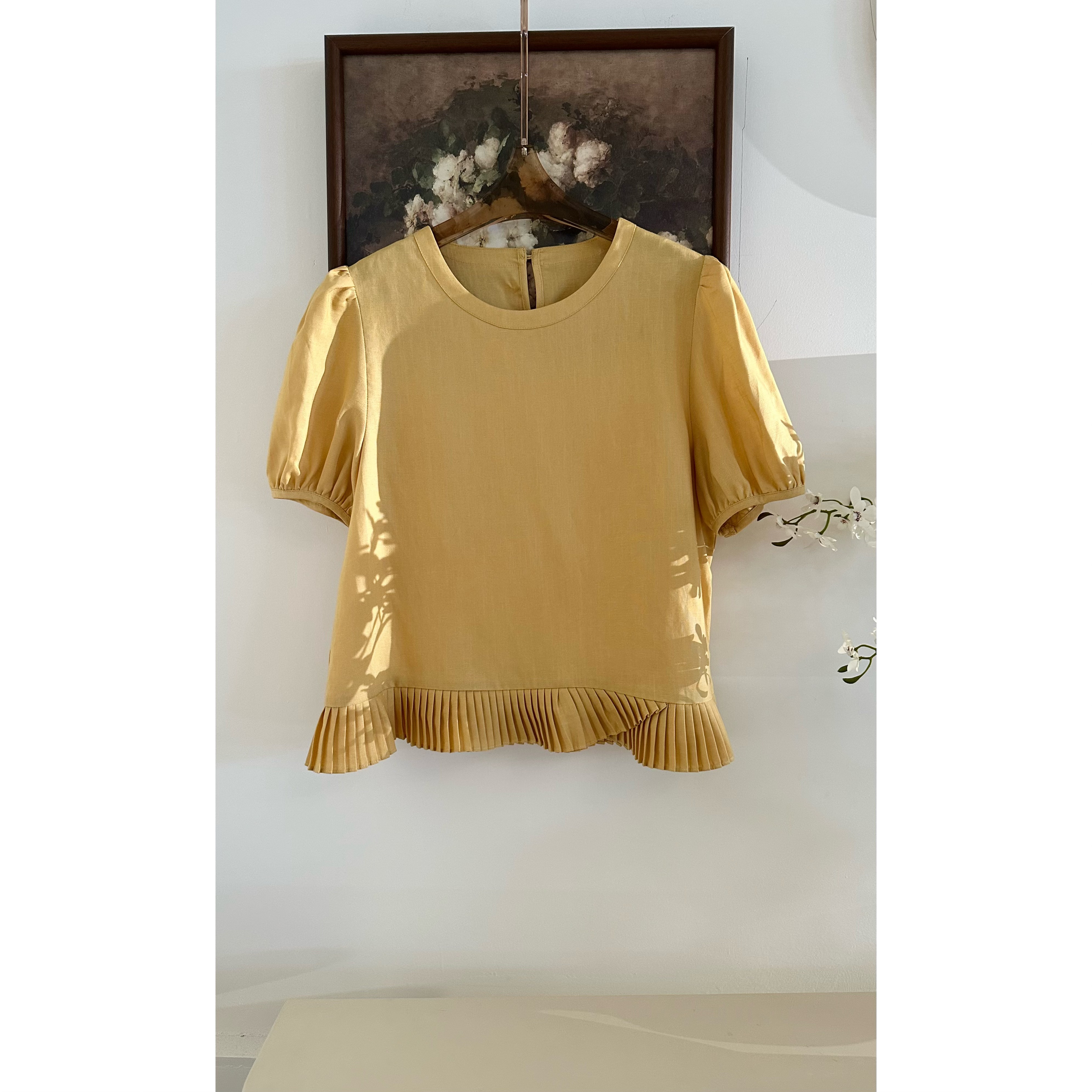 【山奈】路蔓法夏季新款时尚设计感百褶花边拼接上衣MF-1776