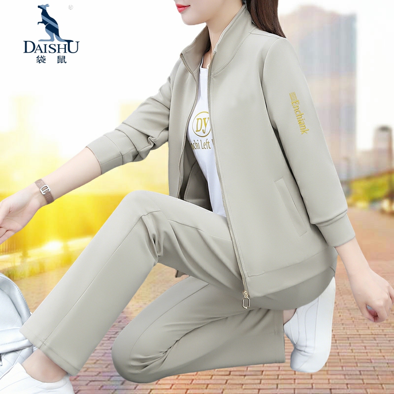 袋鼠运动服套装女春秋季时尚洋气大码跑步妈妈休闲装广场舞三件套