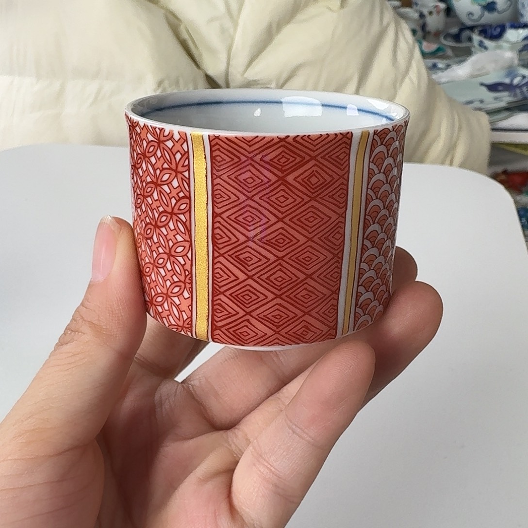 瓷片九谷烧山进泰赤绘小茶杯