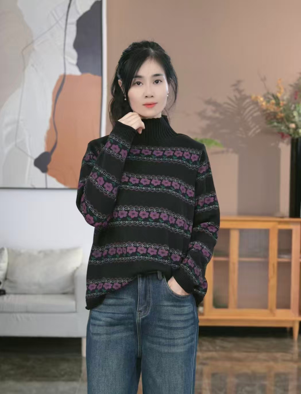 秋冬新款圆领数码印花针织衫女百搭时尚套头半高领