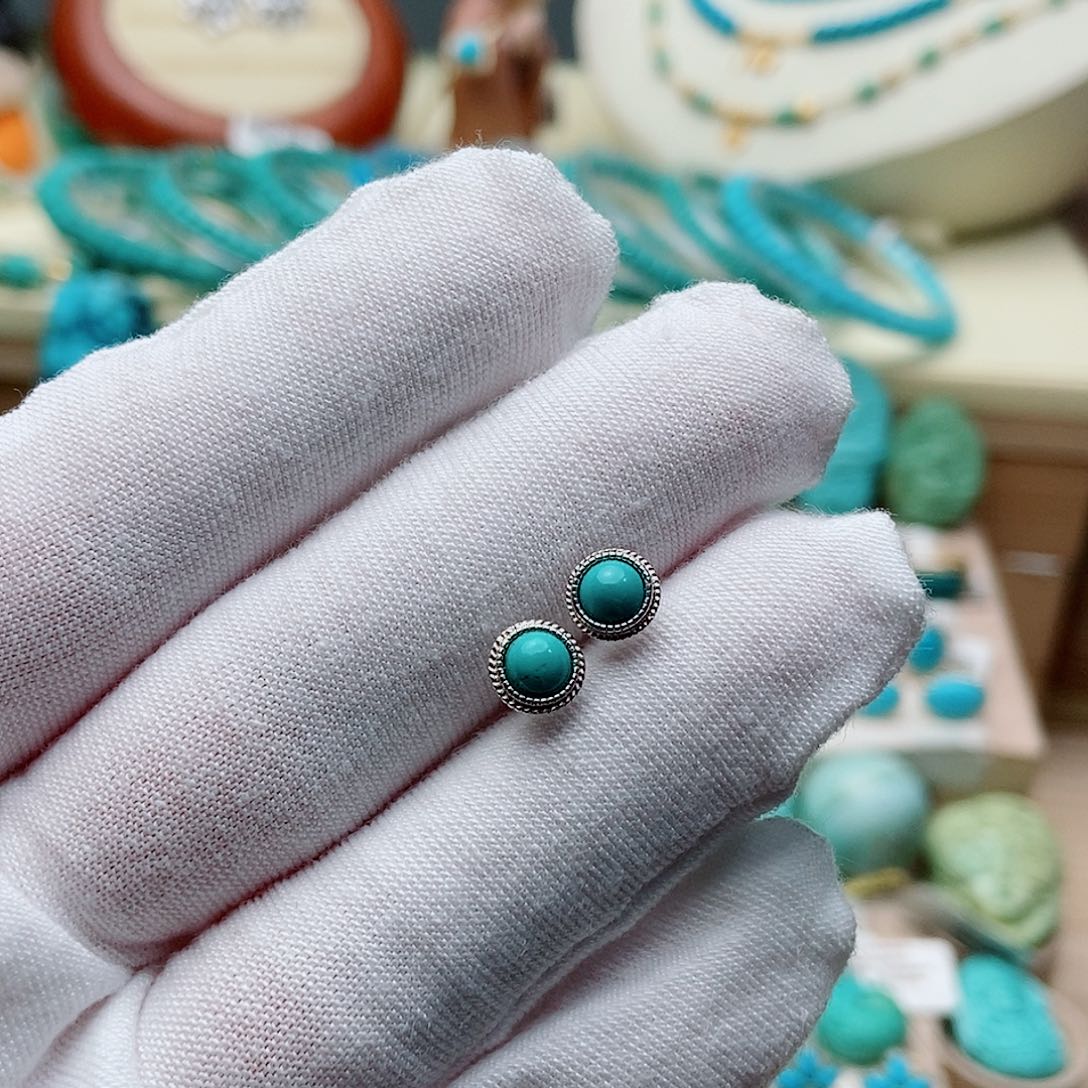 项***鞋绿松石银S925镶嵌高瓷绿精品耳钉