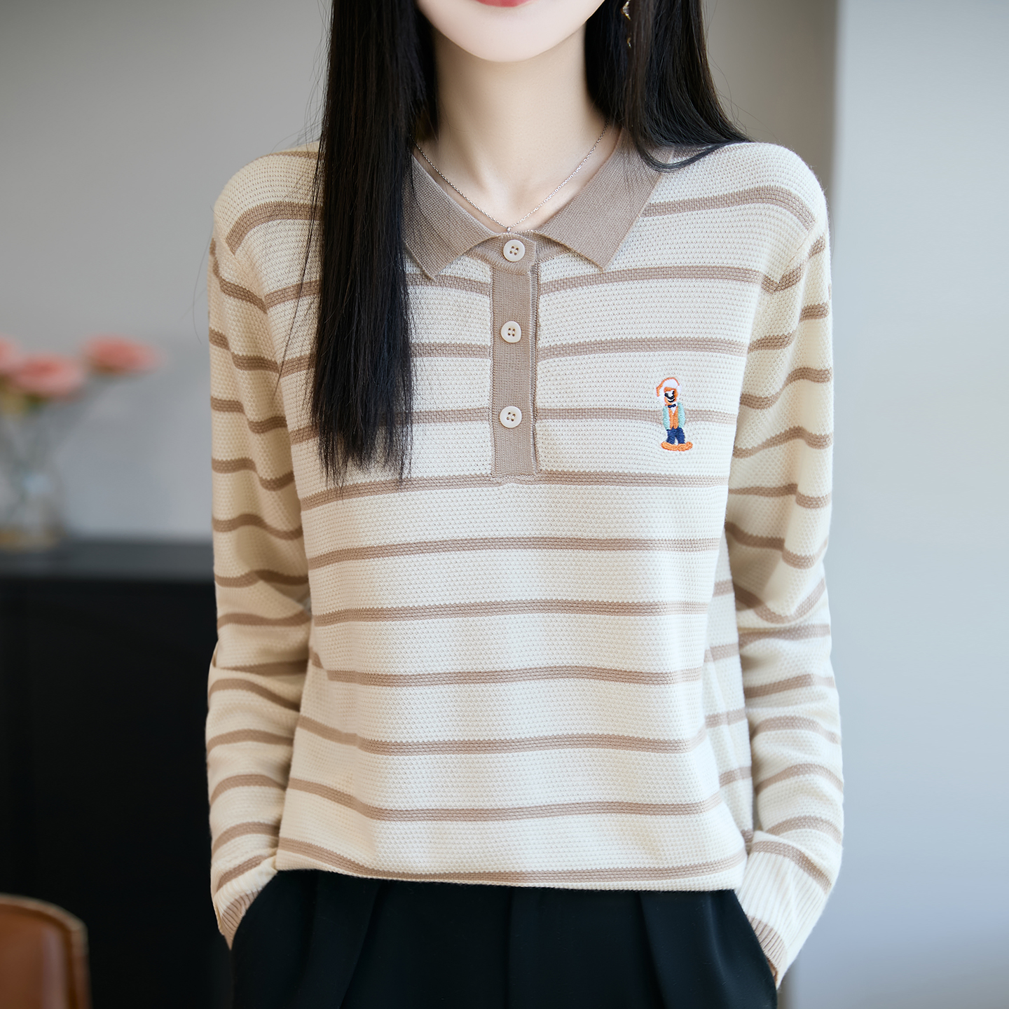 【柔软~亲肤】POLO领刺绣条纹精纺羊毛针织衫套头宽松打底衫女内搭