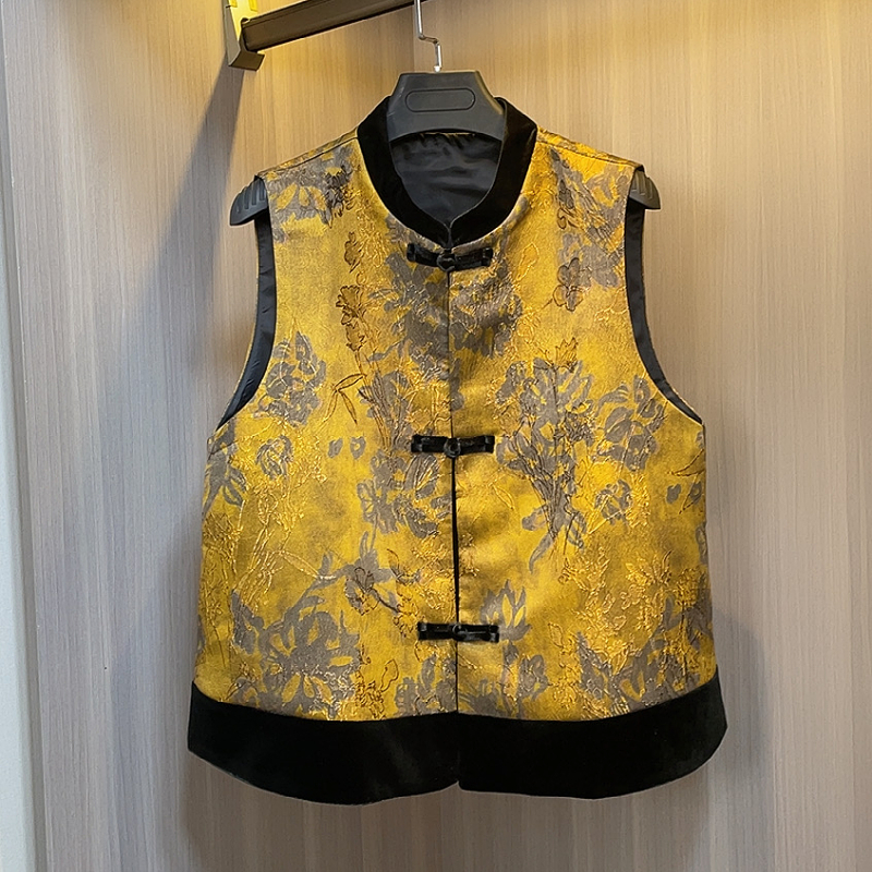 新款上衣秋季民族风盘扣时尚中老年马甲中国风提花复古无袖妈妈装