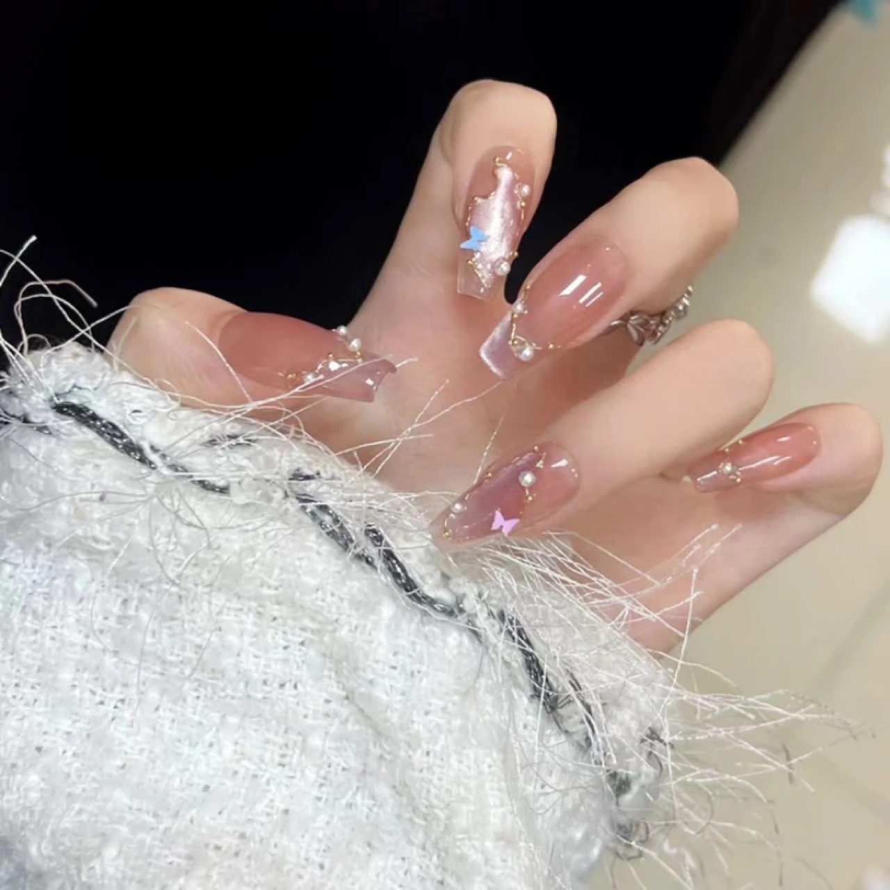 纯手工【仲夏之梦】仲夏之梦穿戴甲光疗美甲爆款裸色猫眼手绘蝴蝶