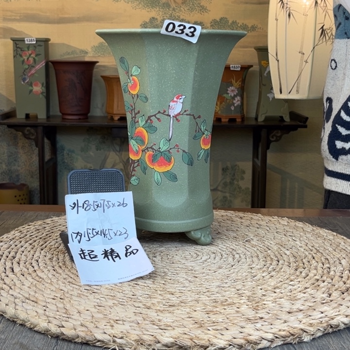 花盆紫砂  超精品果绿手绘八方033