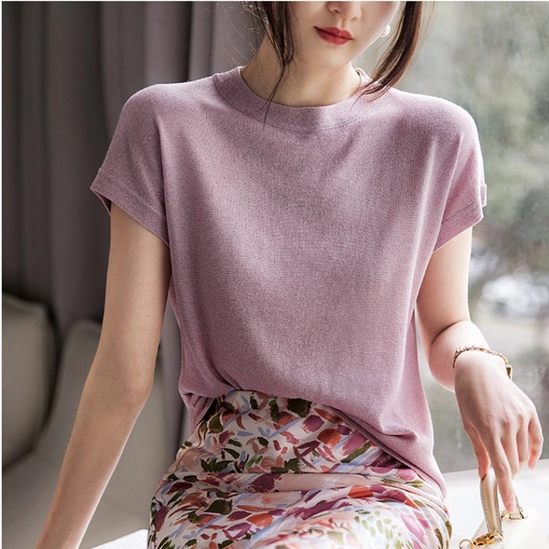 2024夏季新款洋气短袖女圆领冰丝针织上衣宽松薄款亮丝T恤ns8921