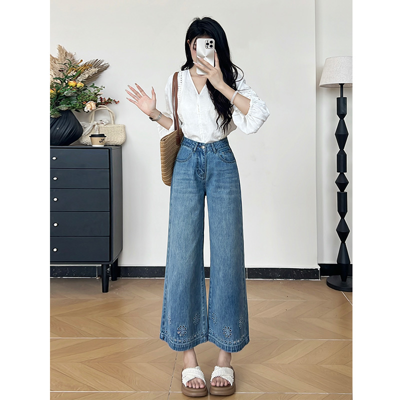 乔栈美式复古蓝镂空刺绣小个子阔腿牛仔裤女夏季薄款高腰显瘦9959