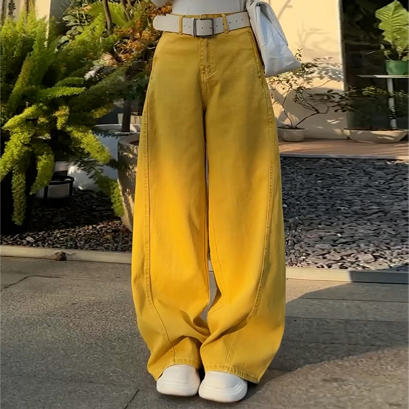 美式大码黄色牛仔弯刀阔腿裤女2025夏季新款宽松休闲直筒拖地裤子