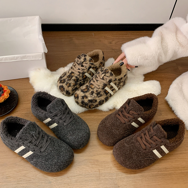 2025冬季新款复古休闲棉鞋女系带时尚网红毛毛德训鞋加绒保暖