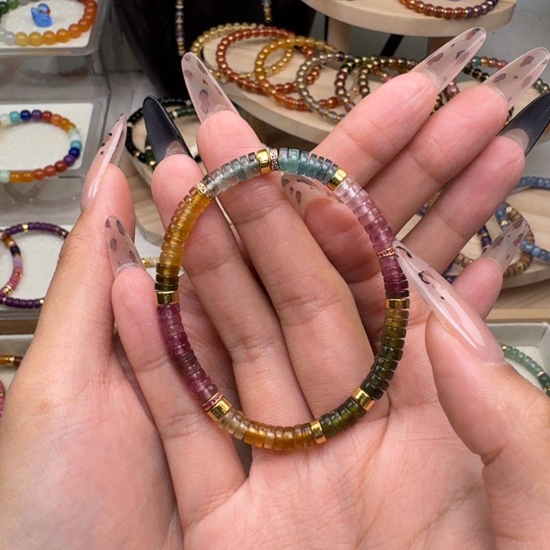 琥***茄碧玺手链未镶嵌5mm素串碧玺药片17.5手围