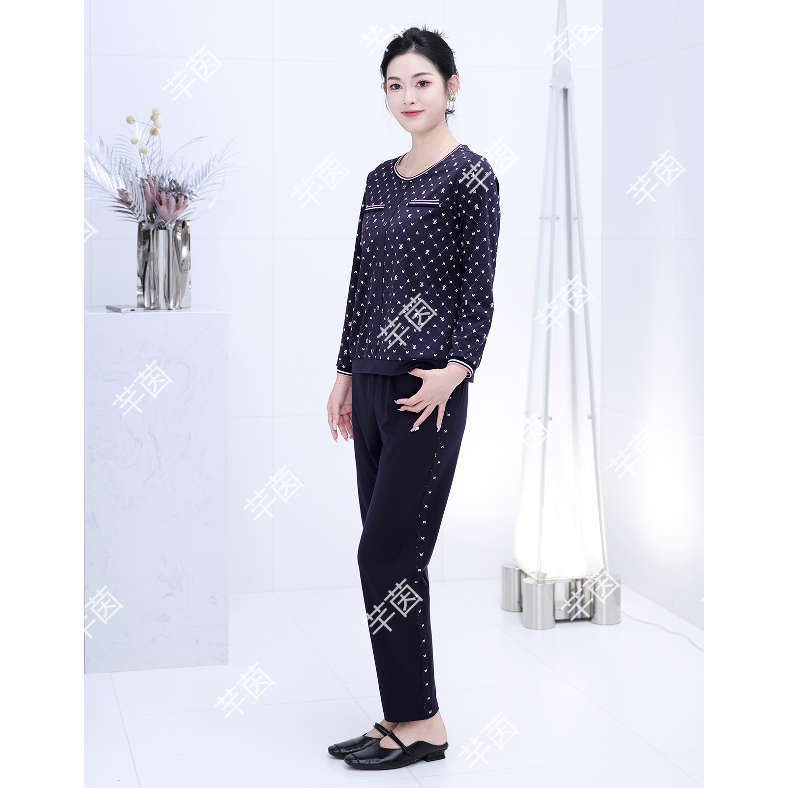 上衣+裤子两件套装 高端复古老花9分袖T恤女 松紧腰长裤 进口面料