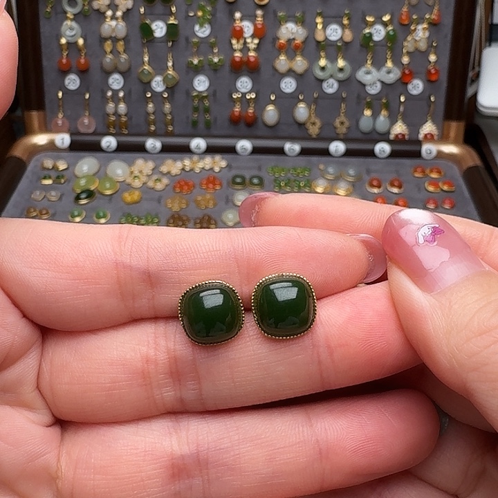 (***宝和田玉银S925镶嵌耳饰