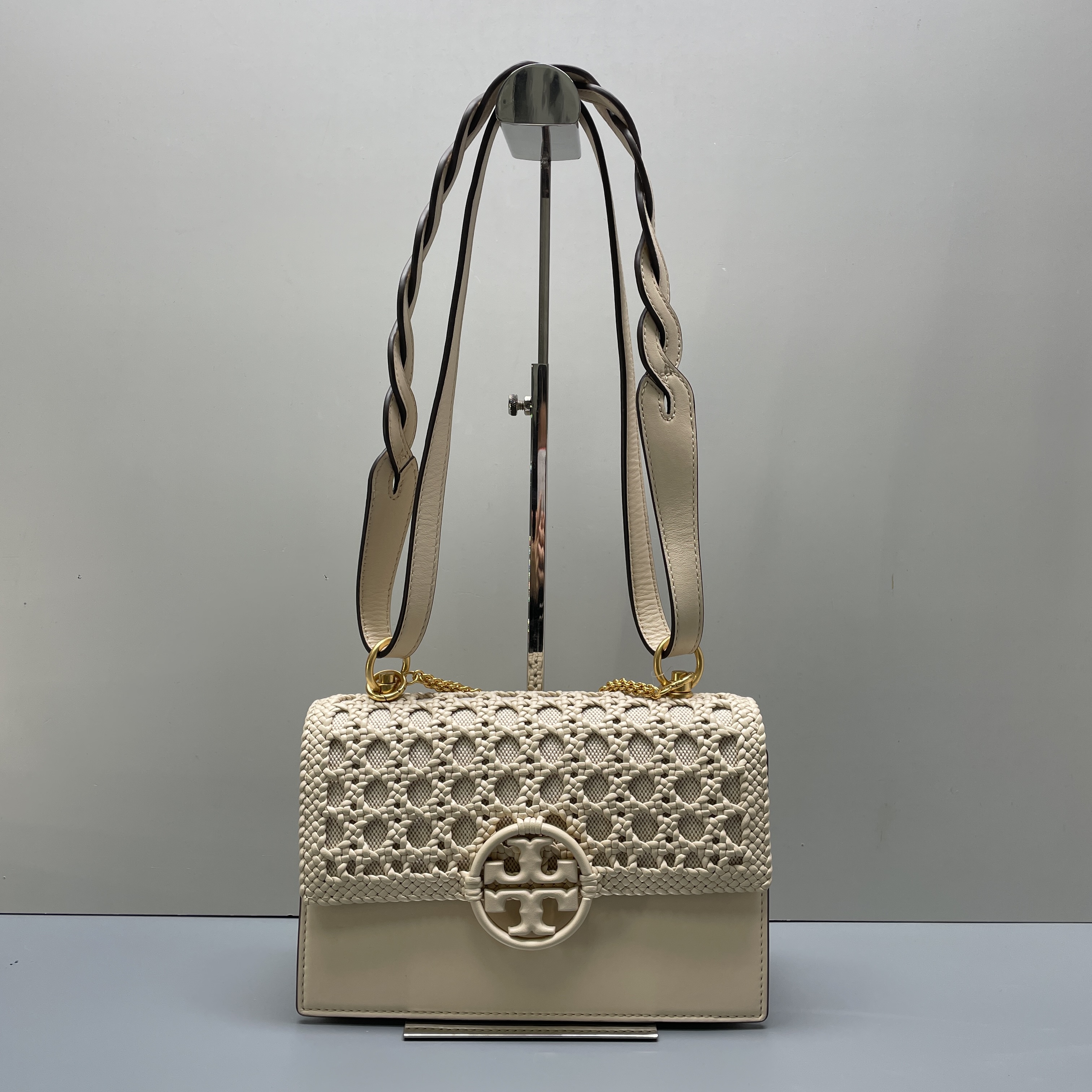 95新 TORY BURCH/汤丽柏琦 小林/米白编织风琴包23*15*9cmB110506