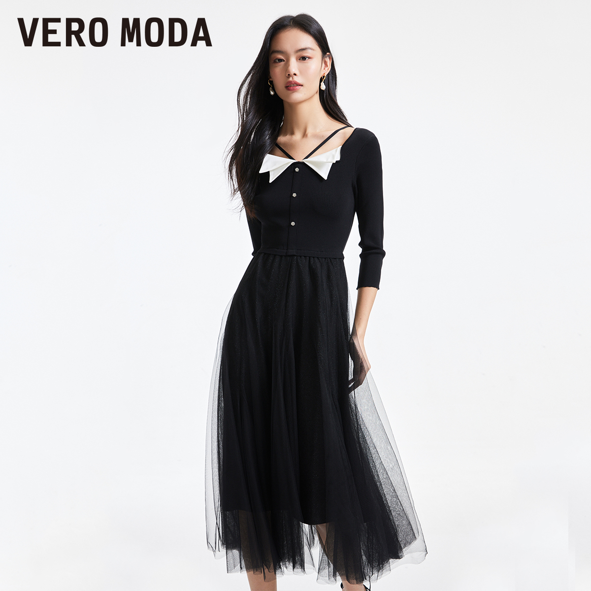 【达人专属】Vero Moda连衣裙女显瘦针织纱裙拼接撞色气质324146027