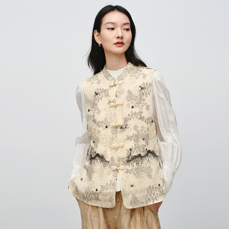 EP雅莹春装新款女装 新中式立领肌理感印花绣花国风马甲1006A