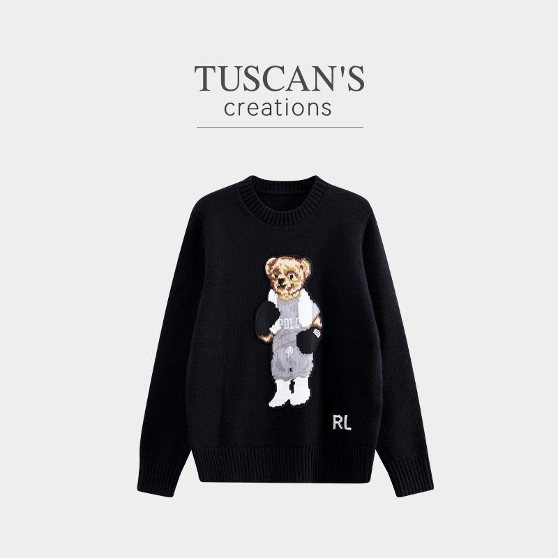 TUSCAN'S CREATIONS潮流百搭可爱卡通小熊宽松圆领毛针织衫女