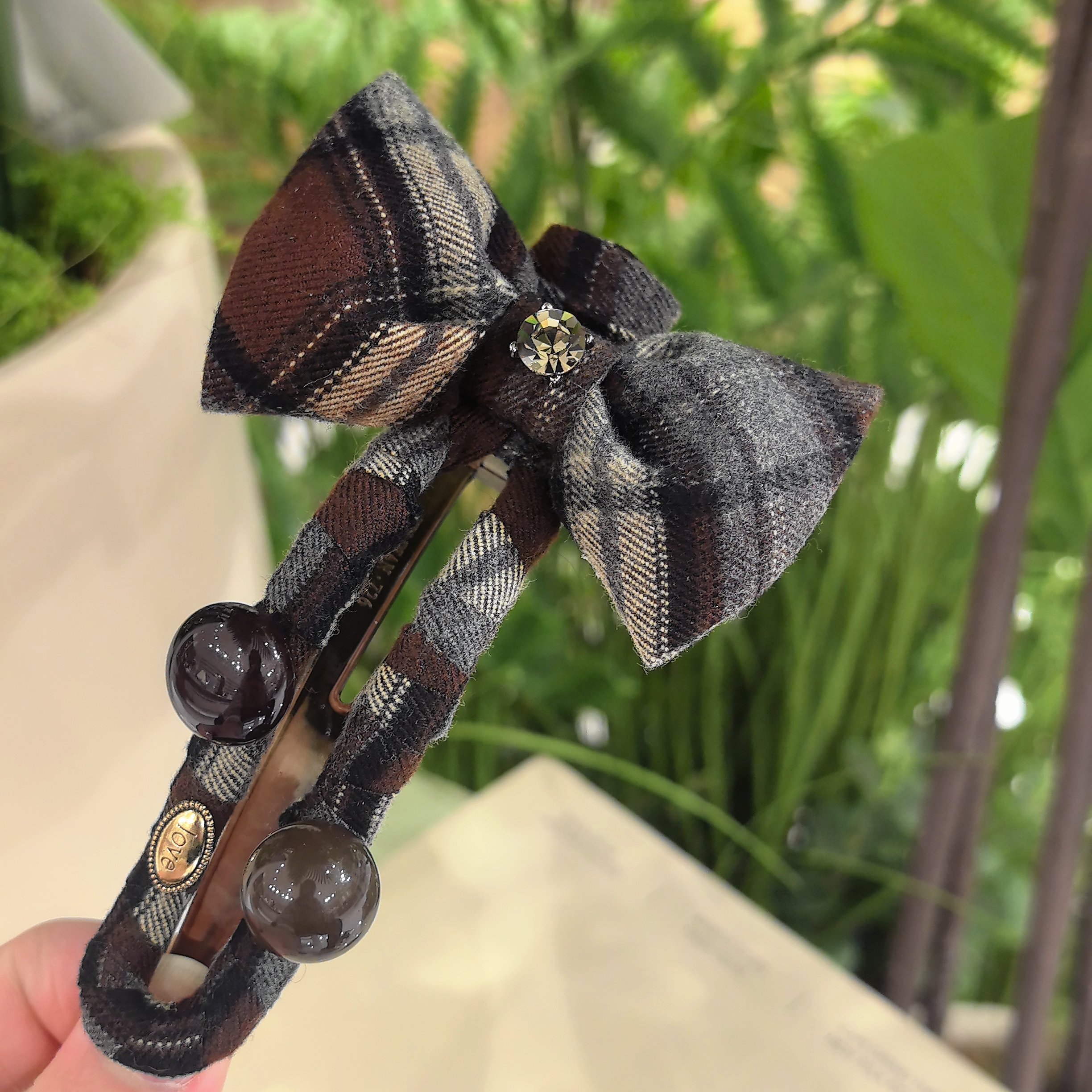 韩系新款精致咖色格子丝绒蝴蝶结糖豆时尚百搭懒人夹5602