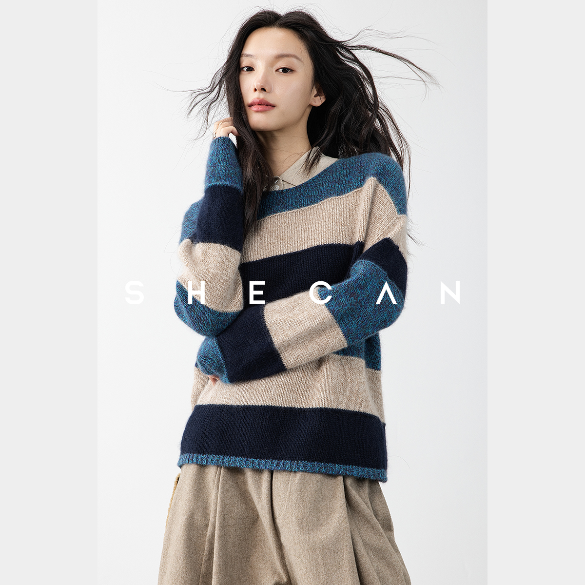 SHECAN【南山茶】条纹撞色慵懒百搭绵羊毛套头针织上衣5DC072