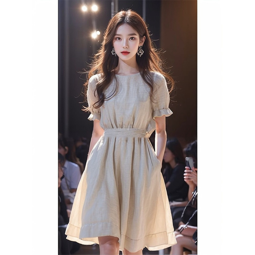 小个子显高大方得体的杏色连衣裙子女2024新款夏季轻奢高级感
