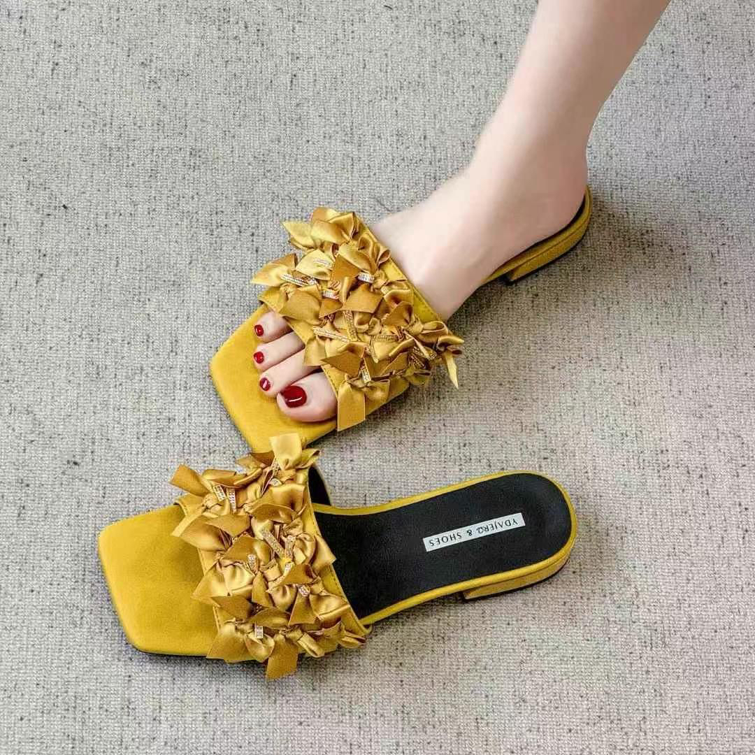 一字拖女鞋百搭蝴蝶结蝴蝶复古风网红胶粘鞋平底方头