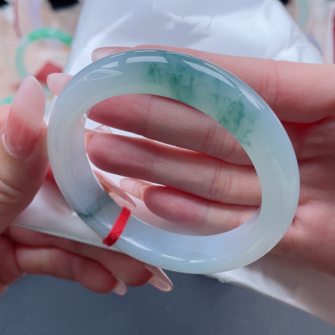 未镶嵌手镯翡翠54.8意境山水飘花镯 蓝胶底 零毛孔20号