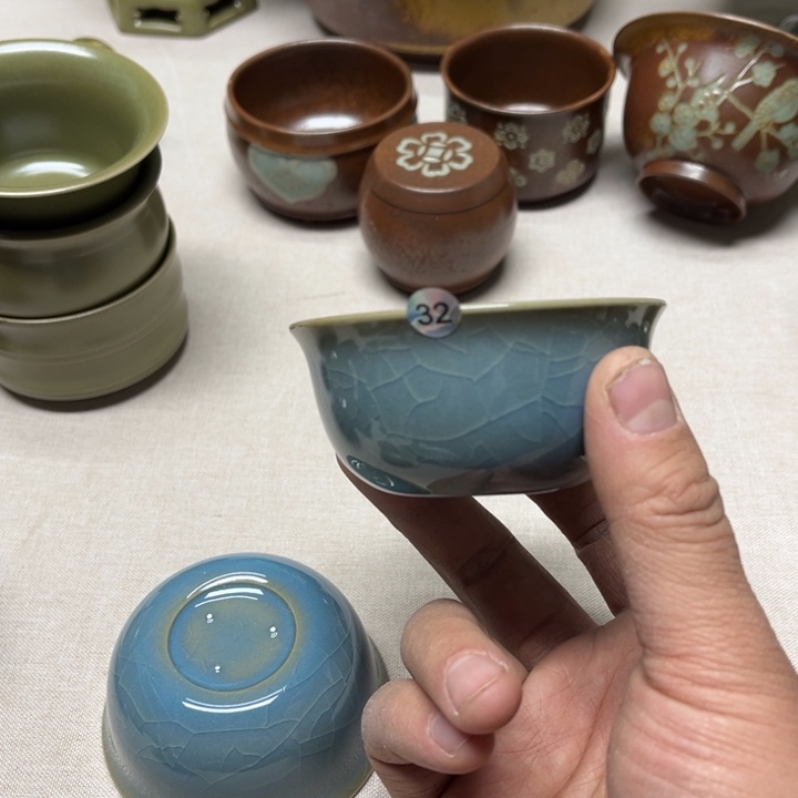 爱***.摆件天蓝釉汝瓷鸡缸杯天蓝釉