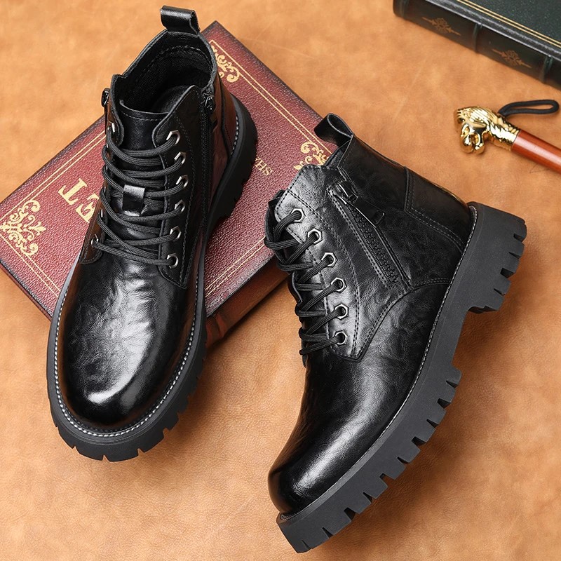 冬季新款高帮加绒保暖商务英伦风工装靴复古厚底时尚潮流马丁靴男