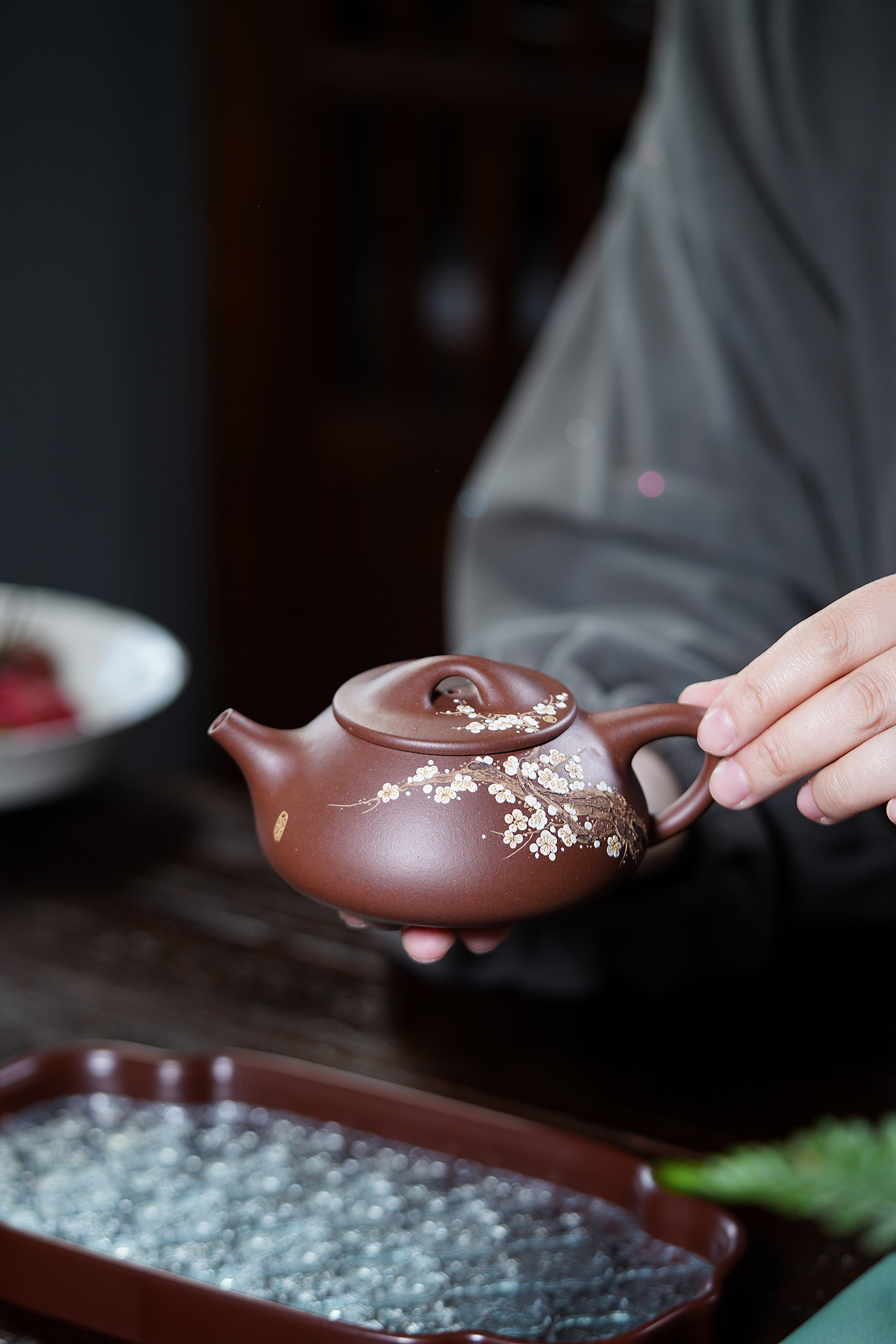 景州石瓢 宜兴紫砂壶半手工原矿紫泥泥绘梅花满瓢家用泡茶器