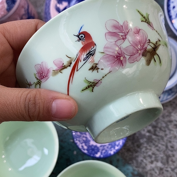 摆件陶瓷5寸绿稀土水点桃花碗