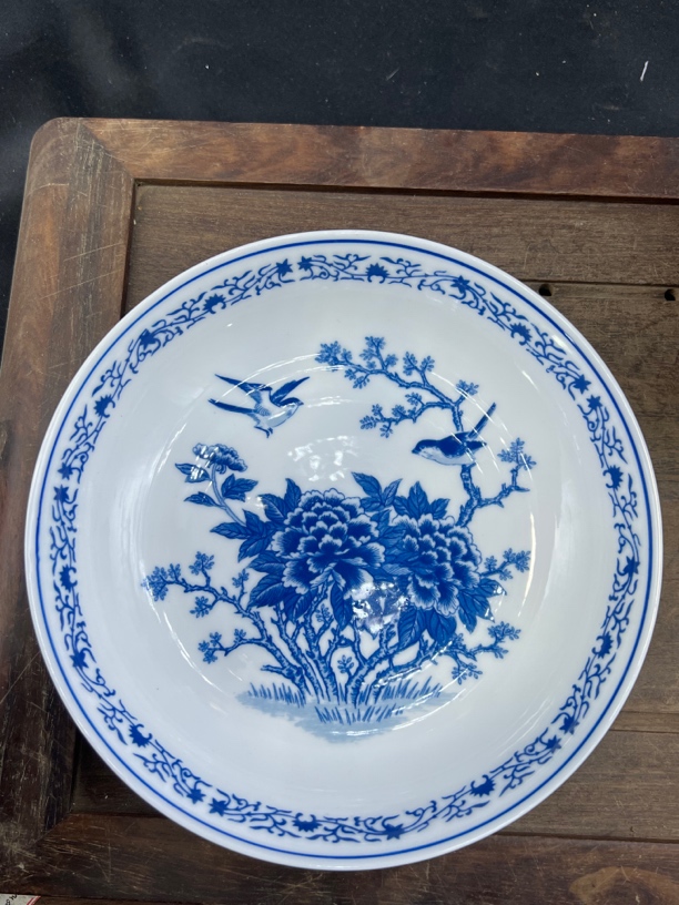 醴陵群力釉下贴画兰花小鸟19.5cm菜盘深盘高温瓷