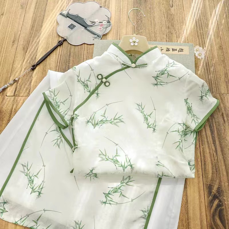 419-绿色 竹叶 奥戴 改良 旗袍