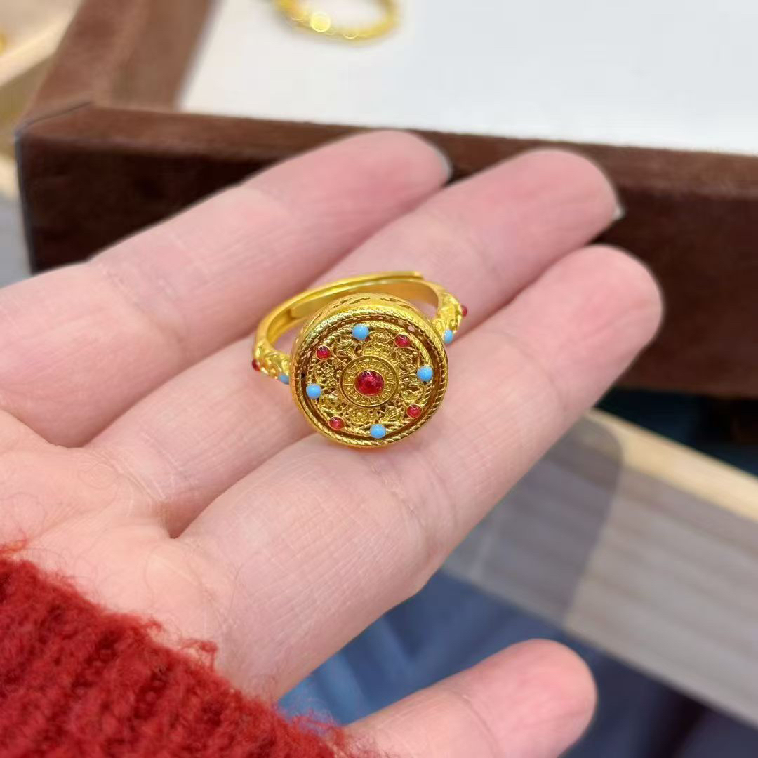 铜合金戒指 铜合金珐琅彩旋转八宝罗盘新中式精美戒指