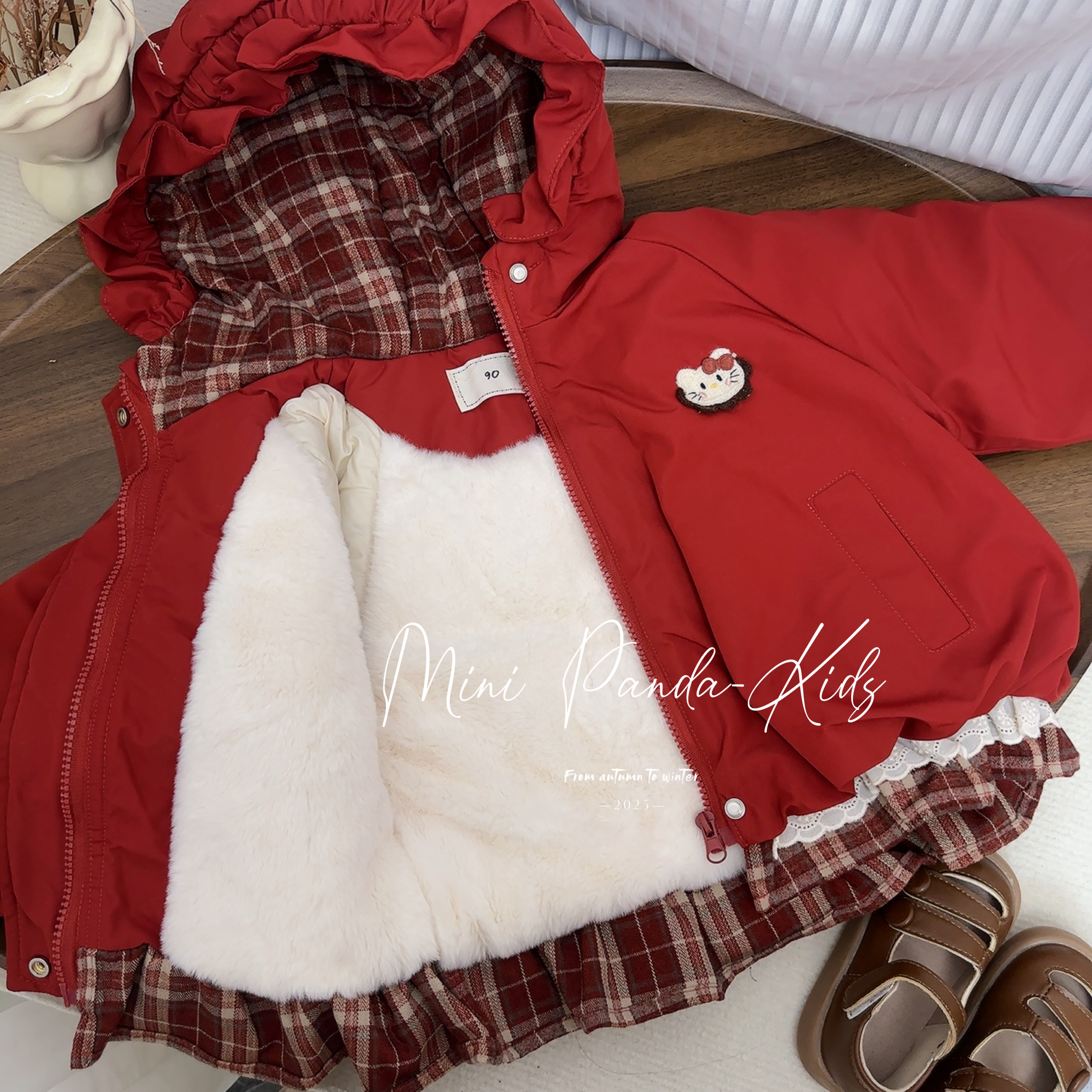 【现货】红色格子花边超厚加绒夹棉派克服