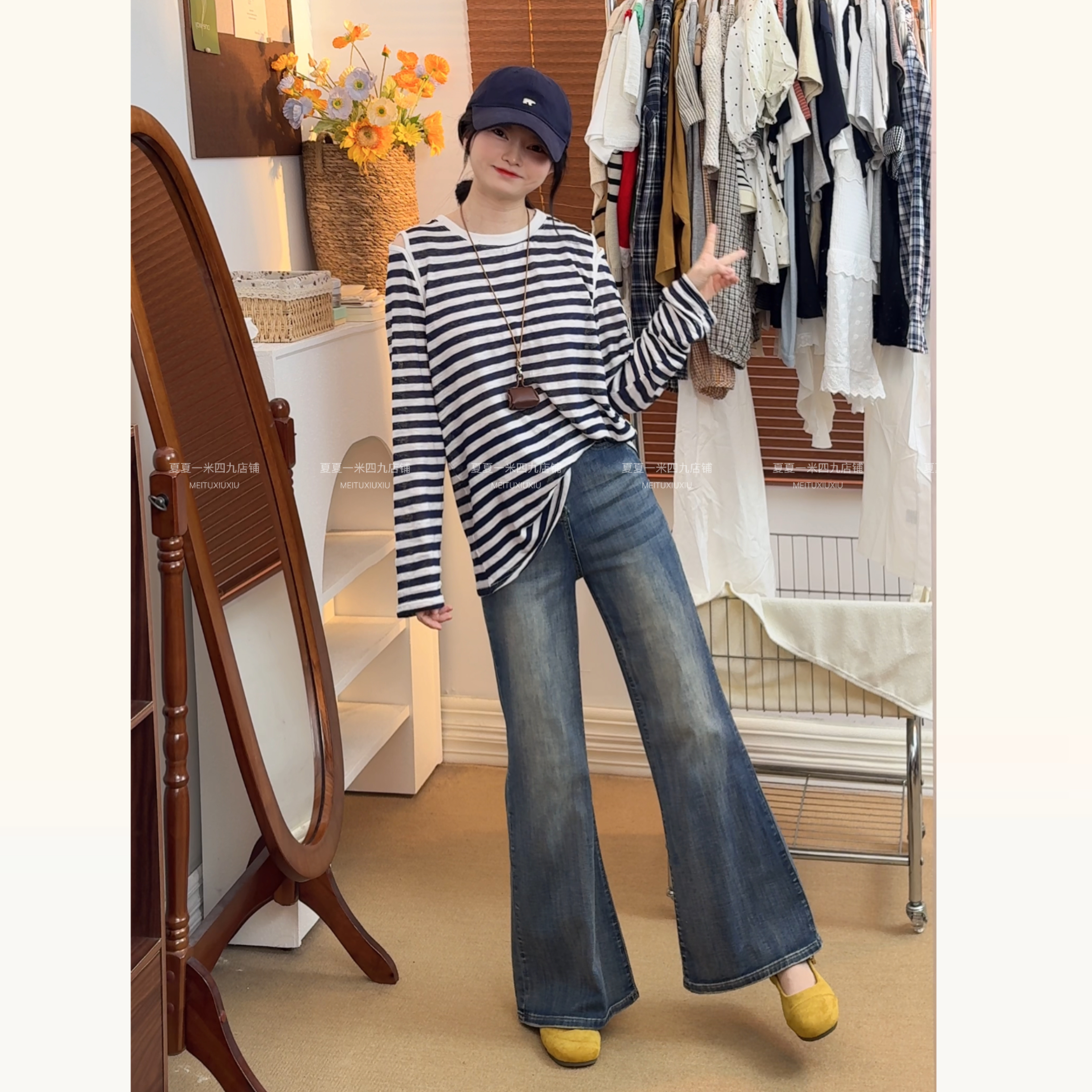 小个子定制百搭喇叭裤美式辣妹阔腿裤新款拖地牛仔裤怀旧蓝667