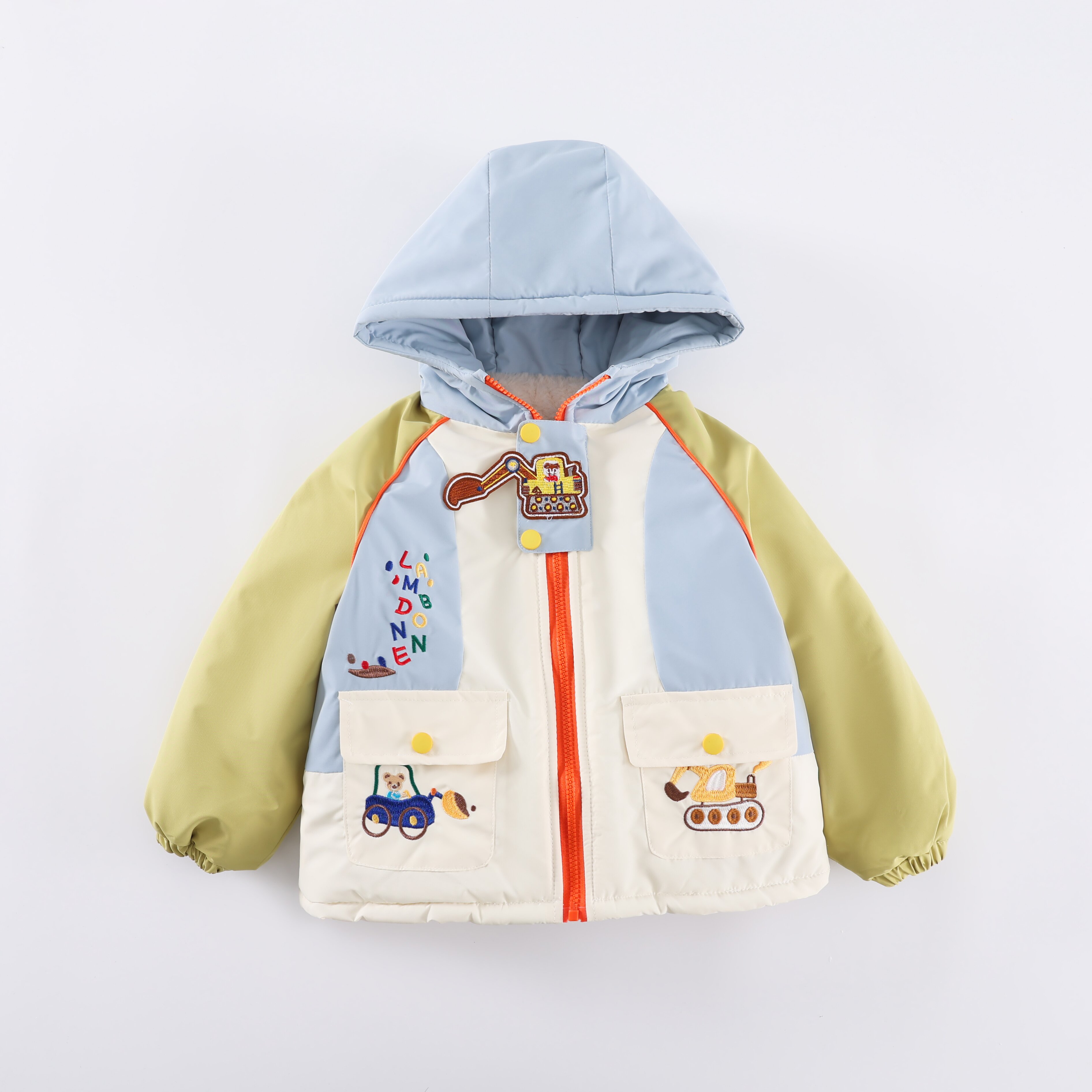 【极寒派克服】挖机款冬季万针刺绣夹兔毛绒加绒加厚男童卡通外套