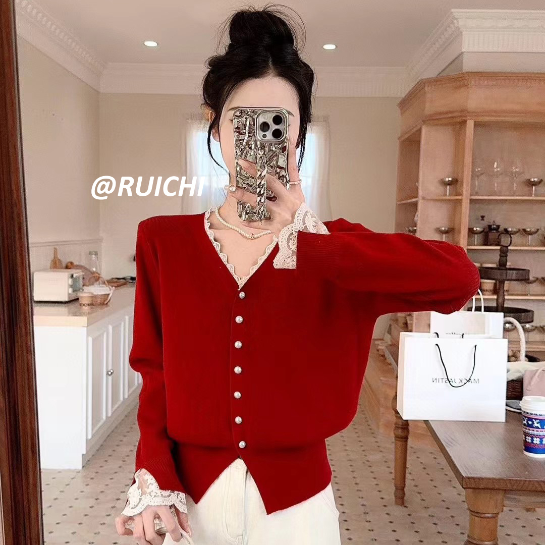 法式慵懒风百搭针织衫秋季2025氛围感蕾丝针织衫开衫衫上衣法式