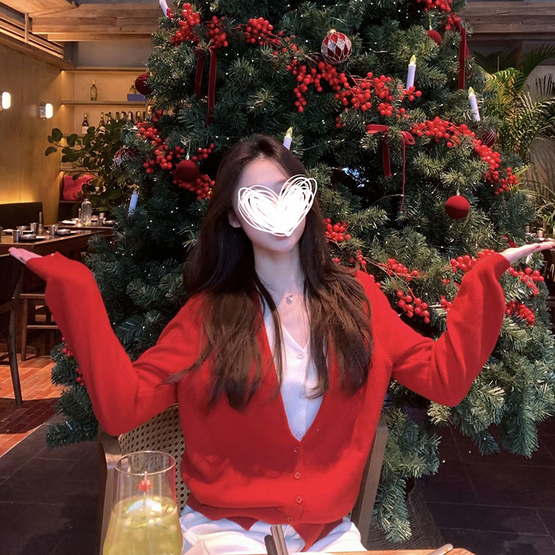 圣诞氛围感~撞色假两件V领针织衫秋冬温柔气质内搭外穿毛衣