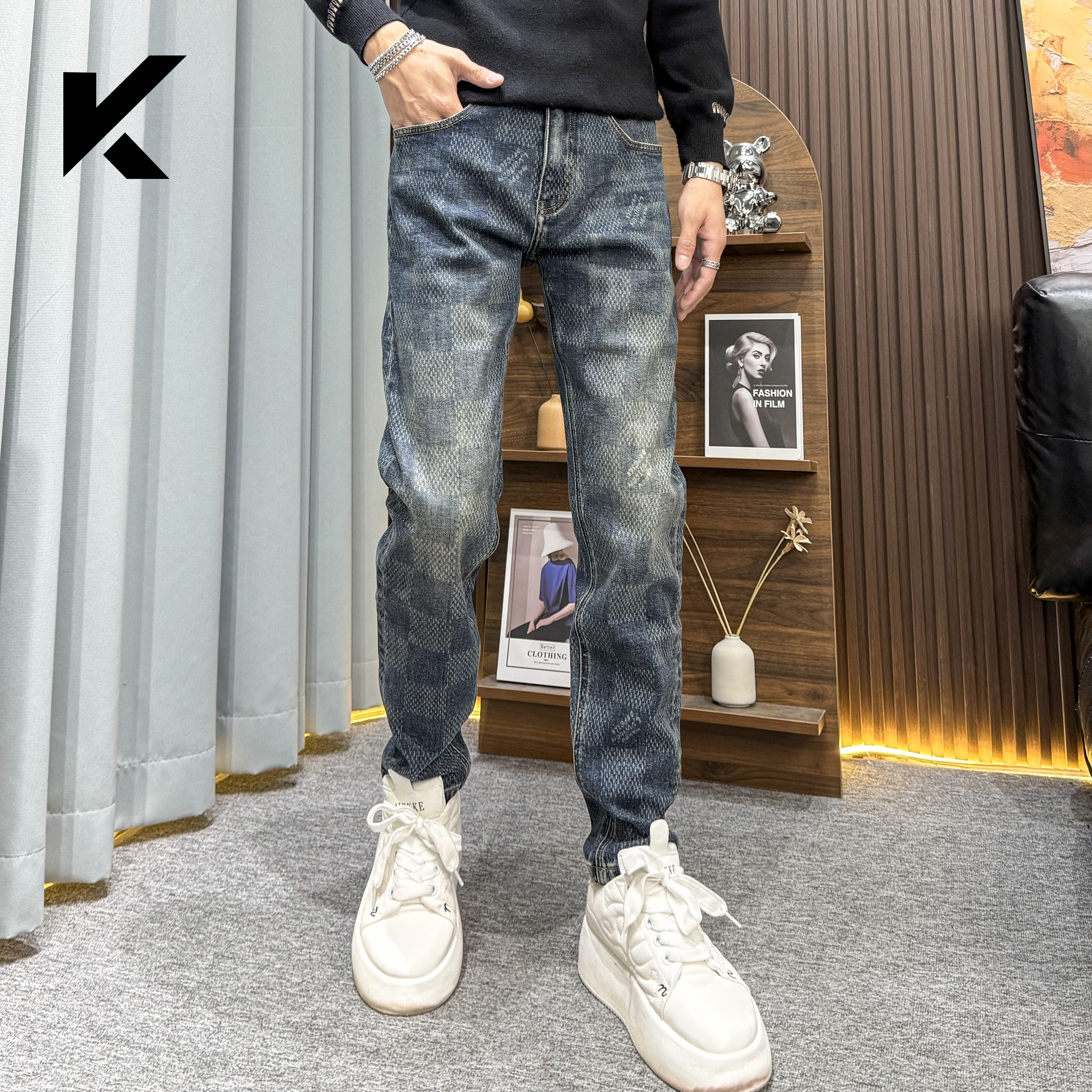 2025新款爆款秋冬季男士水洗牛仔裤男款潮流时尚设计修身小脚裤子