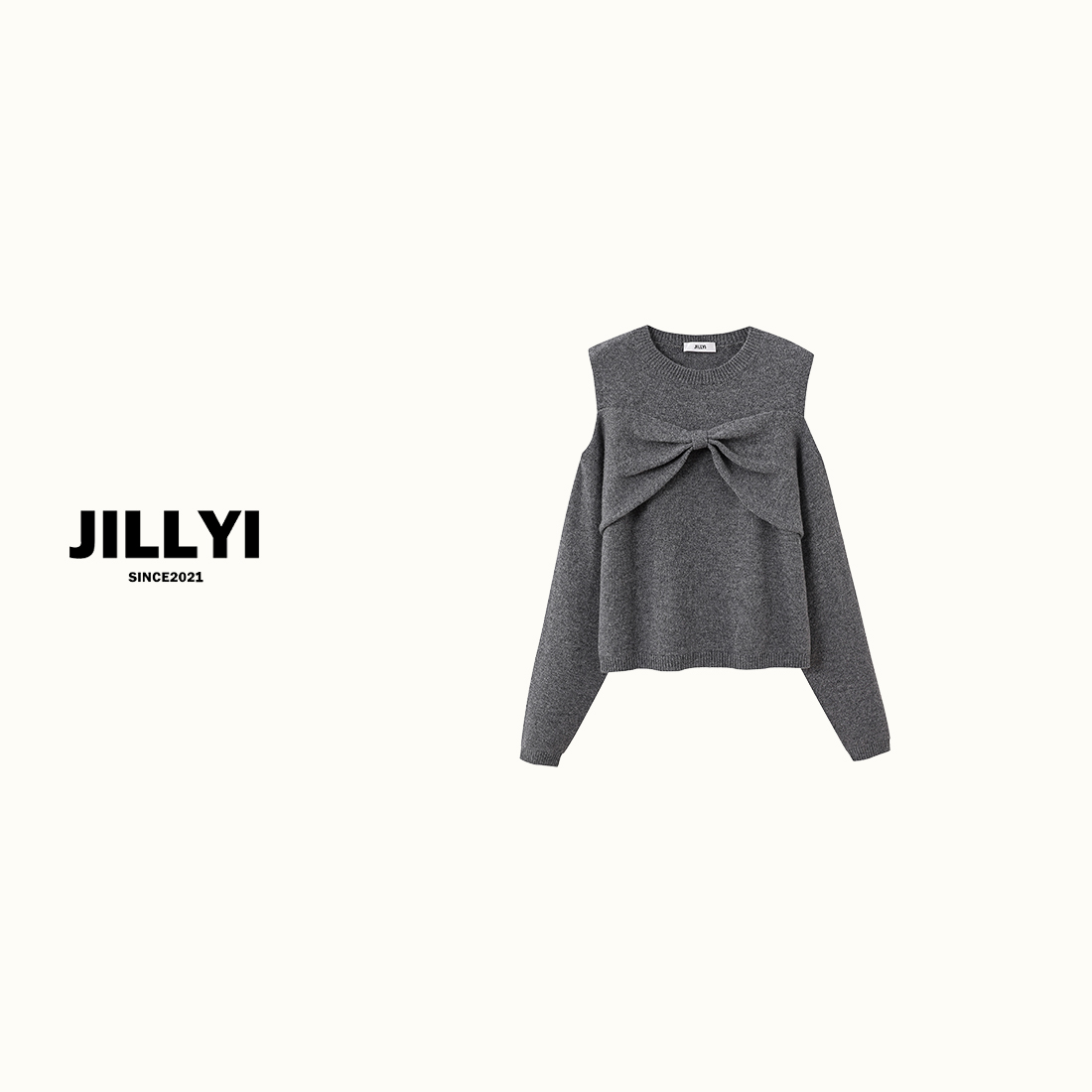 jillyi【蝴蝶画报】灰色圆领胸前大蝴蝶结装饰砍袖辣妹风针织衫