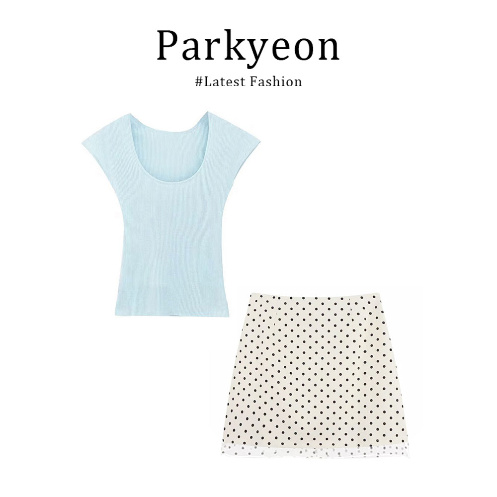 parkyeon韩系温柔穿搭U领修身针织上衣波点设计感包臀半身裙套装