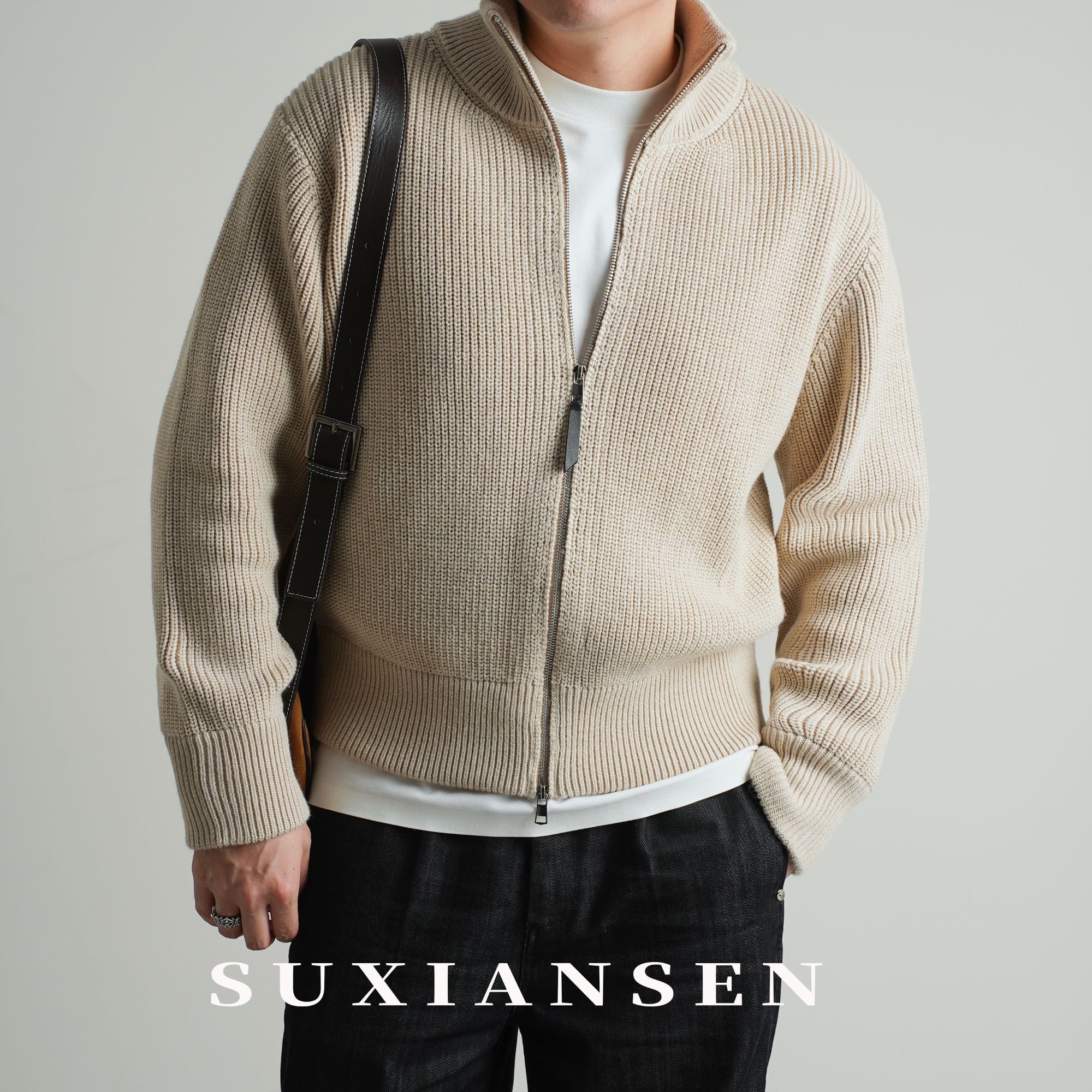 【大头叔叔】马家四角缝线老钱风高领双拉链绵羊毛开衫外套DDSW392