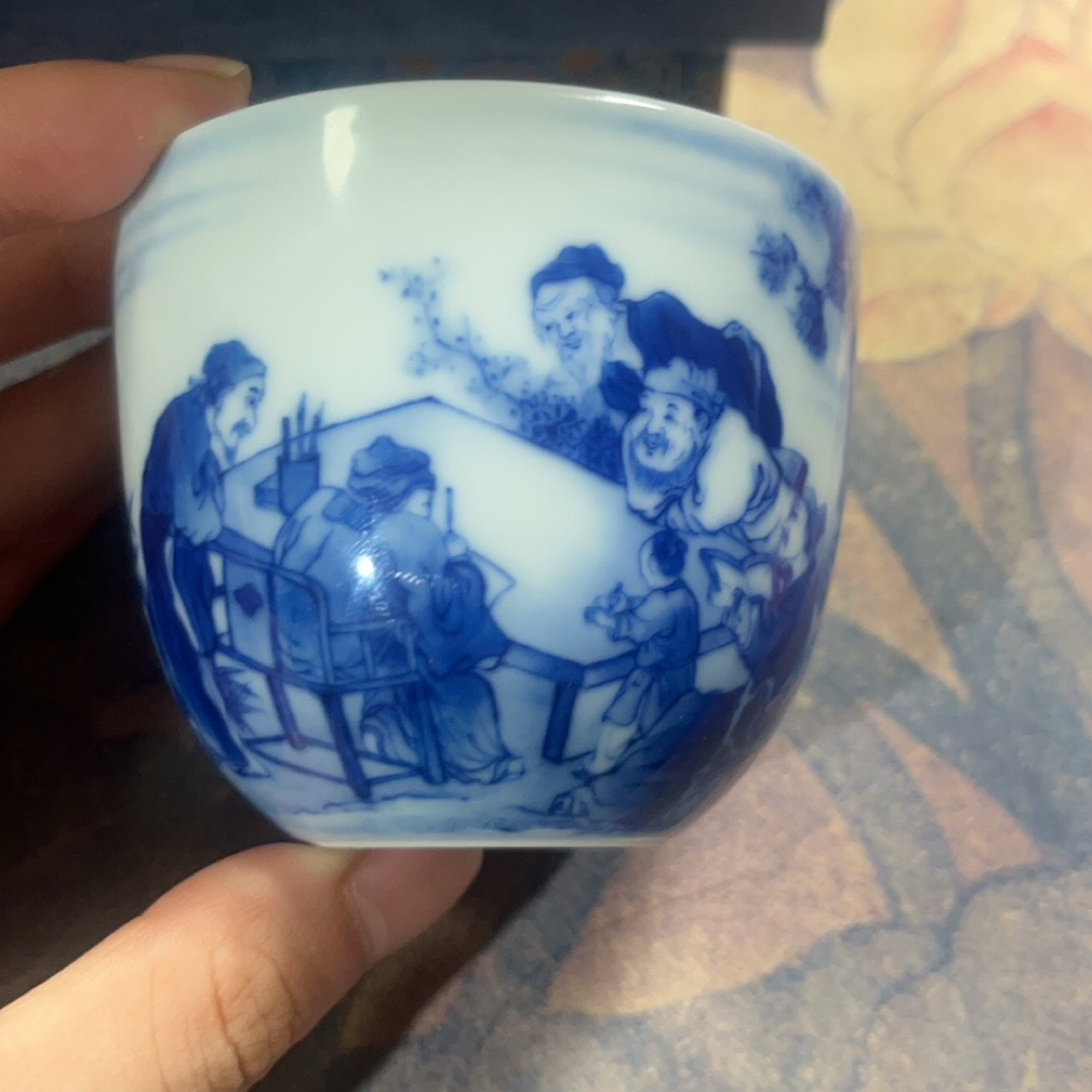 景德镇青花瓷晓竹窑《雅集》人物卧足杯手工手绘陶瓷茶杯