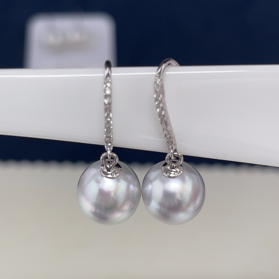 海水珍珠8-9澳白极光耳勾款银S925镶嵌