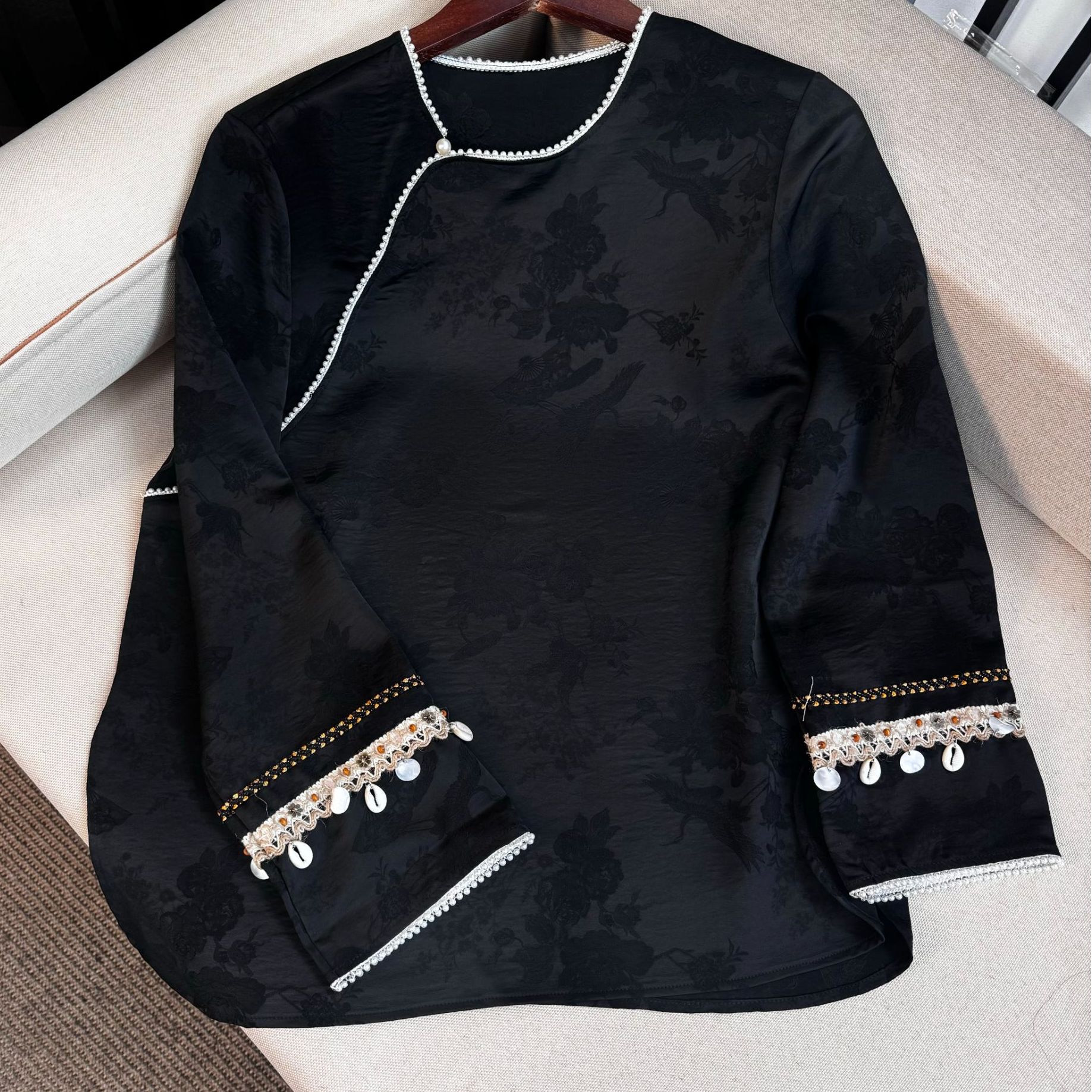 薄款提花长袖上衣复古新中式百搭打底时尚网红重工小衫