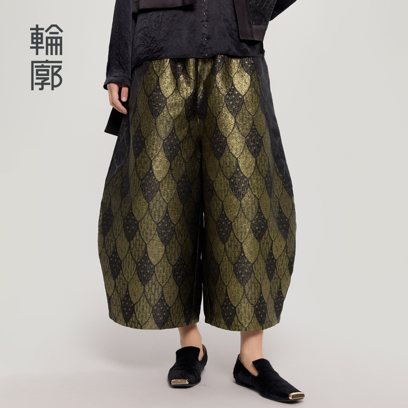 轮廓锦鲤休闲裤中式复古文艺直筒宽松高腰百搭古风裤子L251K004