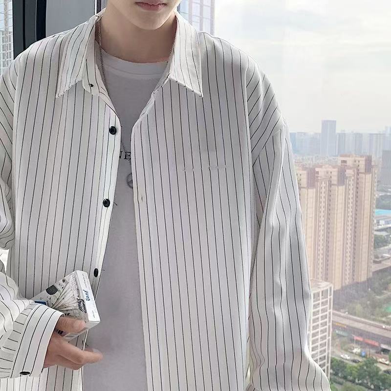 长袖衬衫韩版条衬衫宽松春季夏季上衣衬衣176痞帅潮流帅气秋季