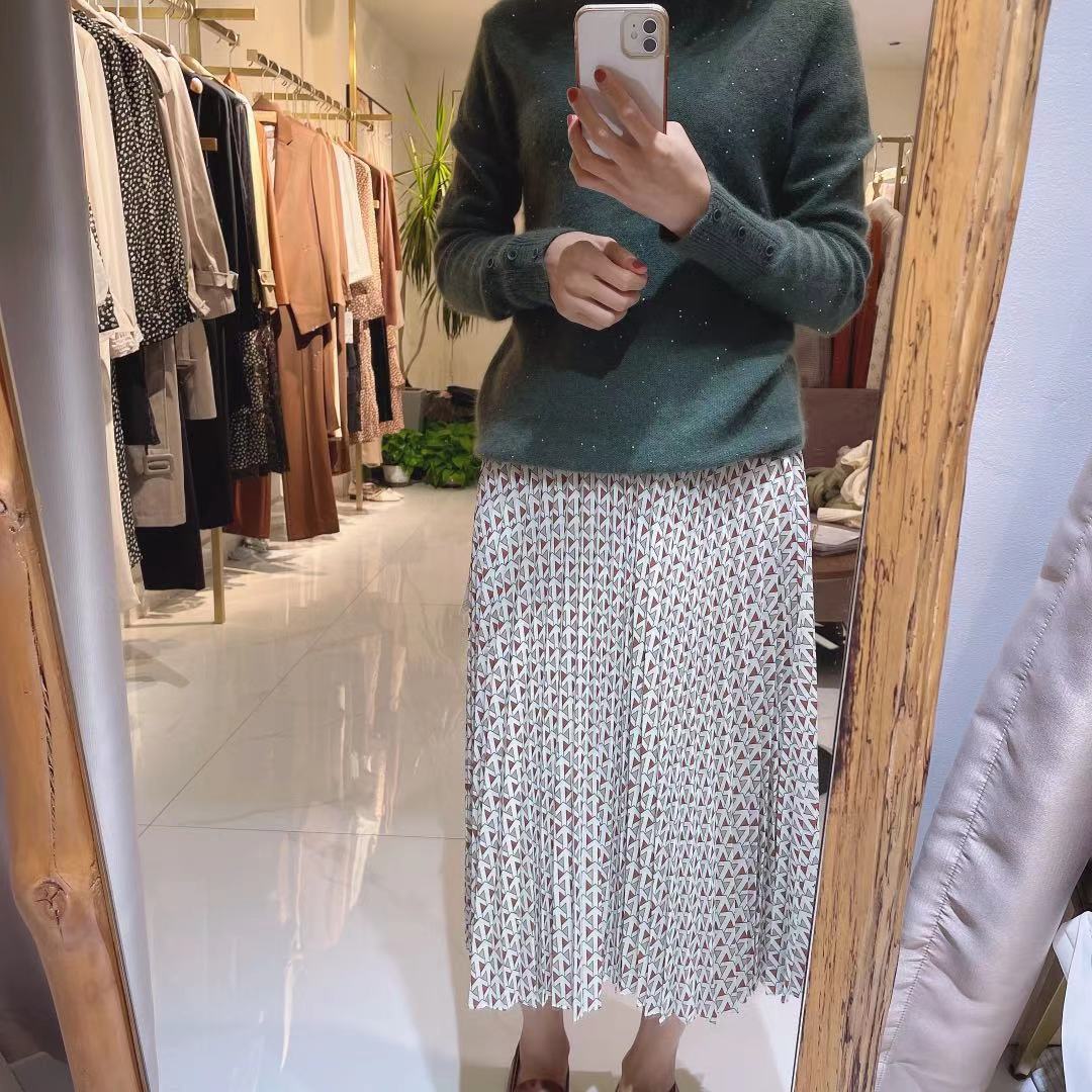 几何花色中长裙半身压褶裙法式气质331026