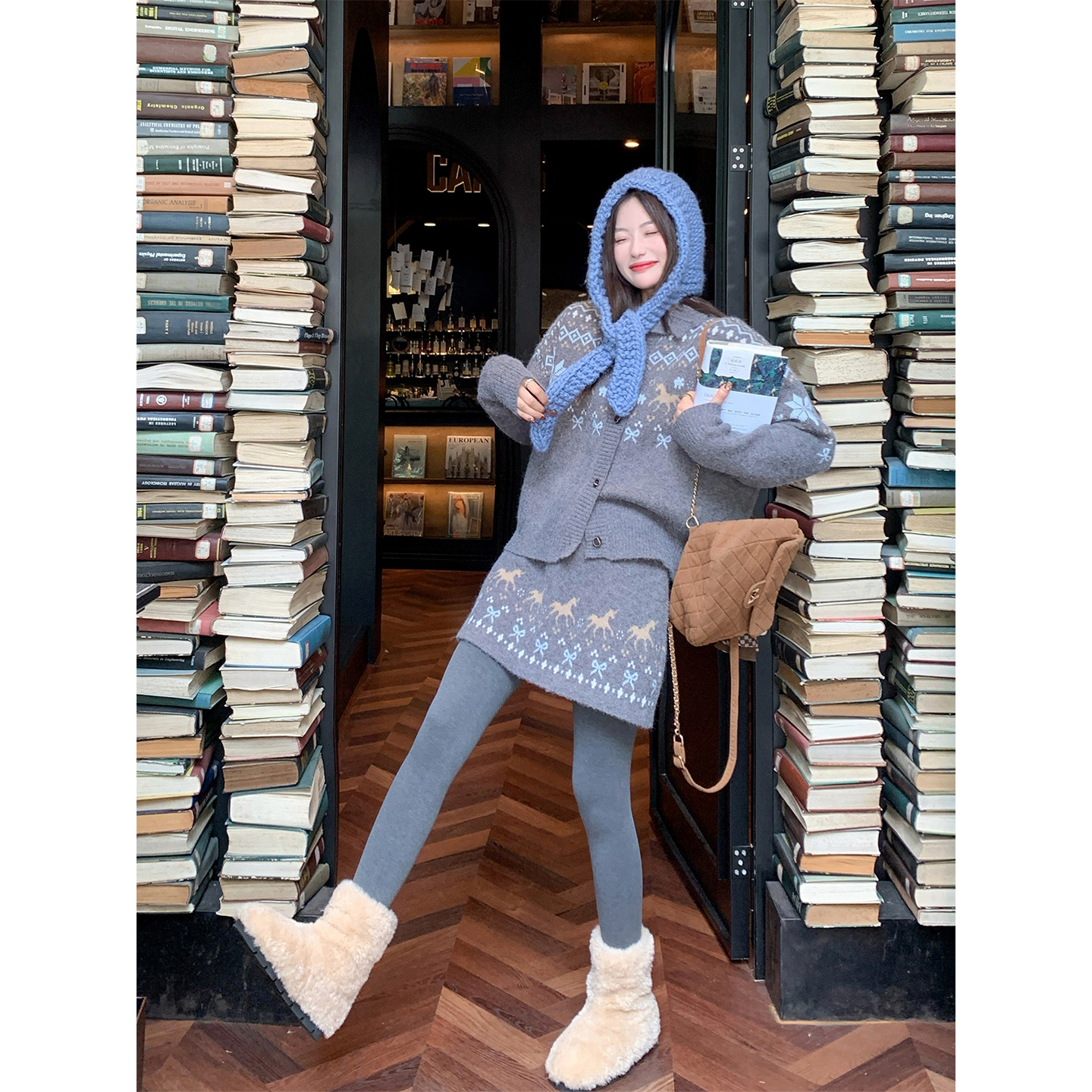 曾小咸 灰色费尔岛翻领毛衣外套女秋季上衣裙子两件套ZA53SSR0549