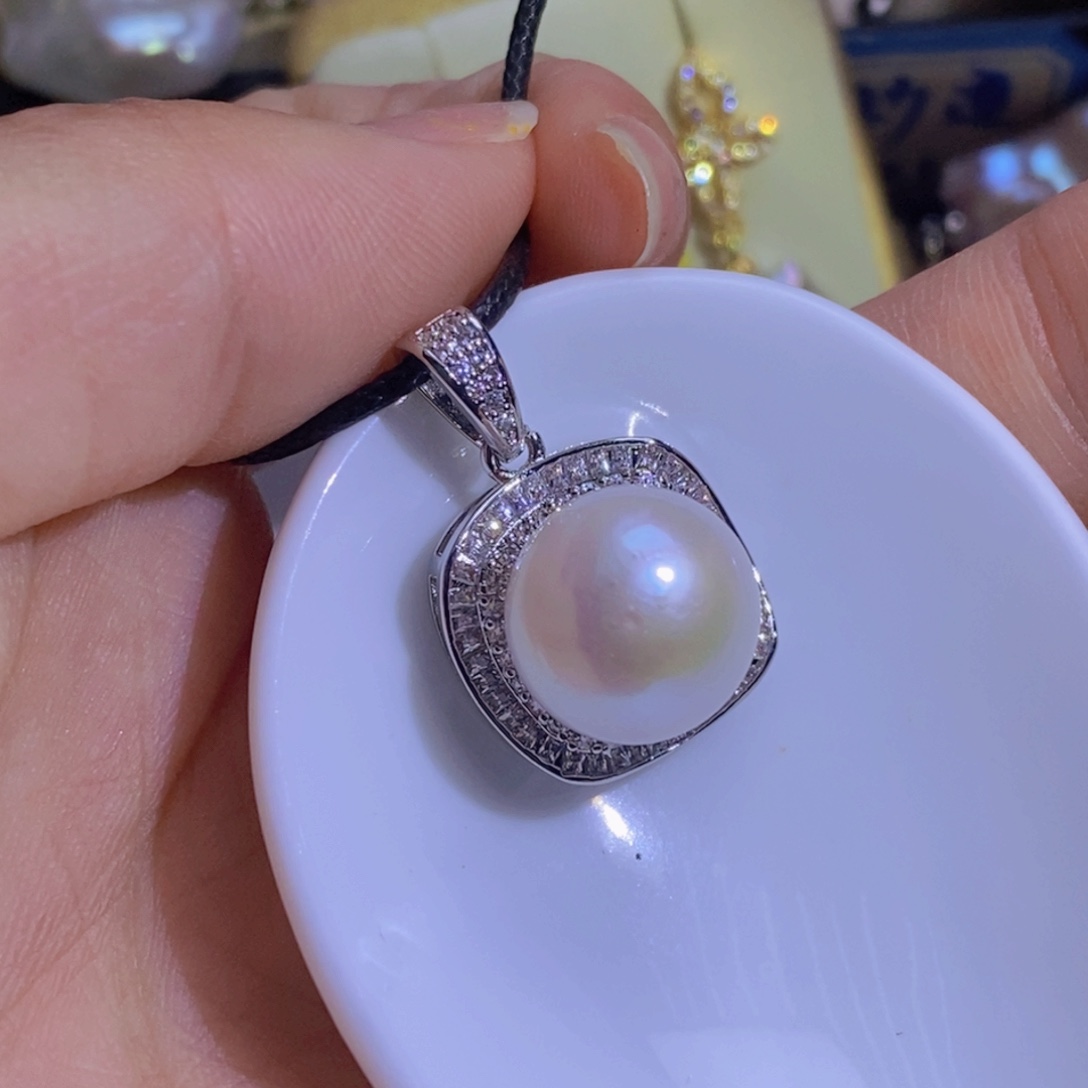 银S925镶嵌淡水珍珠天然珍珠无染色，无优化